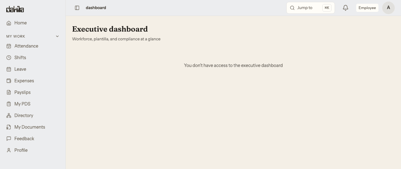 The executive dashboard opened by an employee account. The sidebar shows only a My Work section with Attendance, Shifts, Leave, Expenses, Payslips, My PDS, Directory, My Documents, Feedback and Profile, and no Administration section. The page body reads: You don't have access to the executive dashboard. Nothing on the page is clickable.