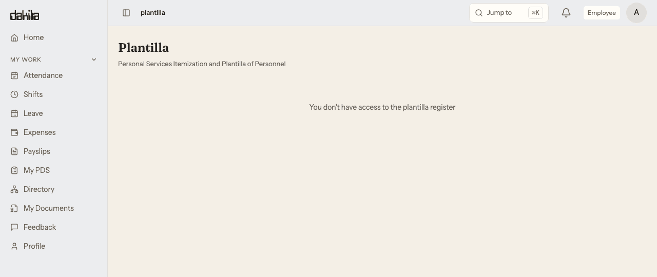 The plantilla register opened by the same employee account, reached by typing the address directly. The address stays in the bar and the page reads: You don't have access to the plantilla register. No buttons or links are offered.