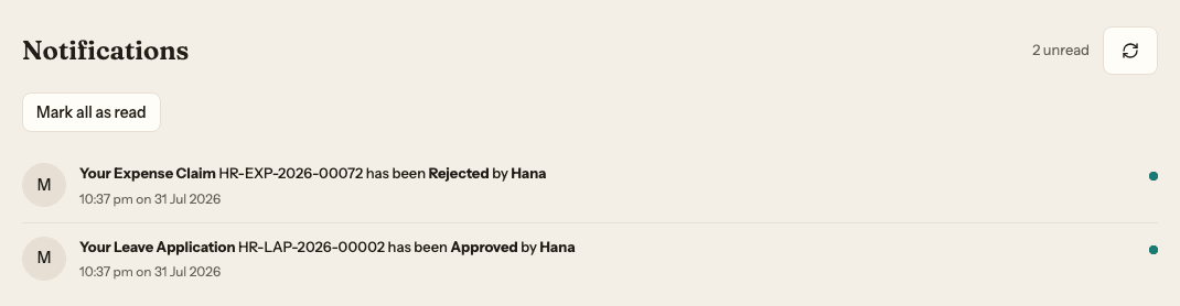 The notifications screen for an employee, showing two entries: an expense claim rejected by an approver, and a leave application approved by the same approver, each with a timestamp.